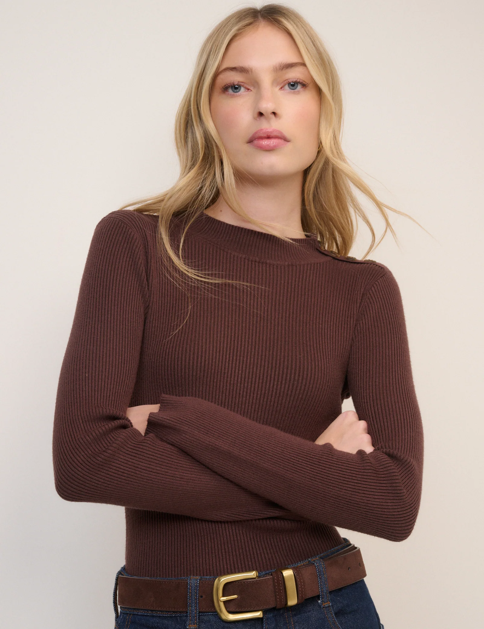 Brown Ribbed Knitted Mock Neck Top - Image 4
