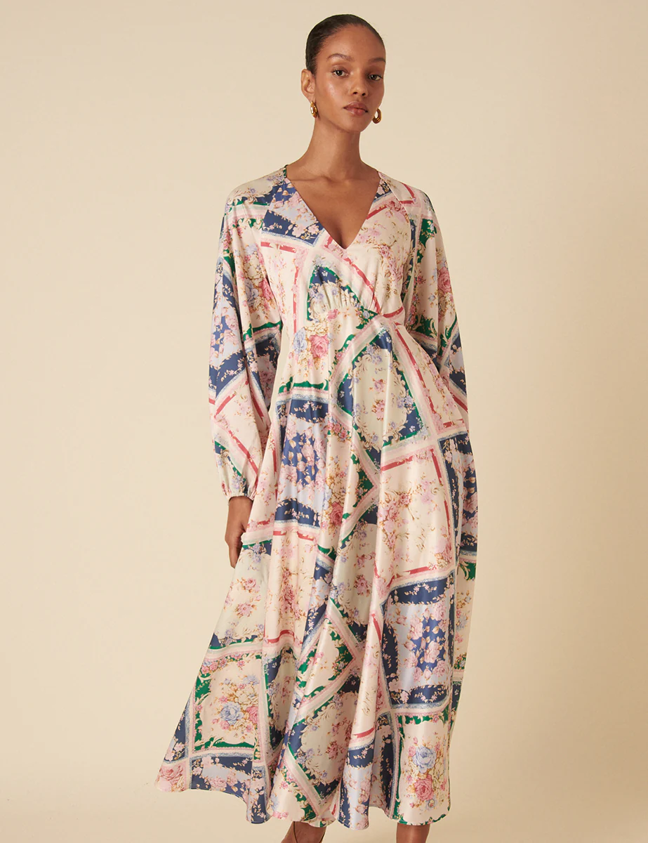 Abstract Floral Balloon Sleeve Ace Maxi Dress