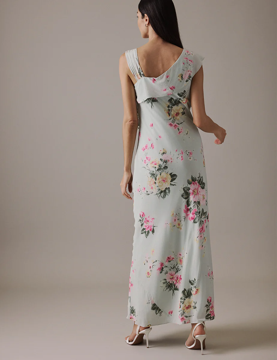 Floral Green Asymmetric Neckline Midi Gardenia Dress - Image 4