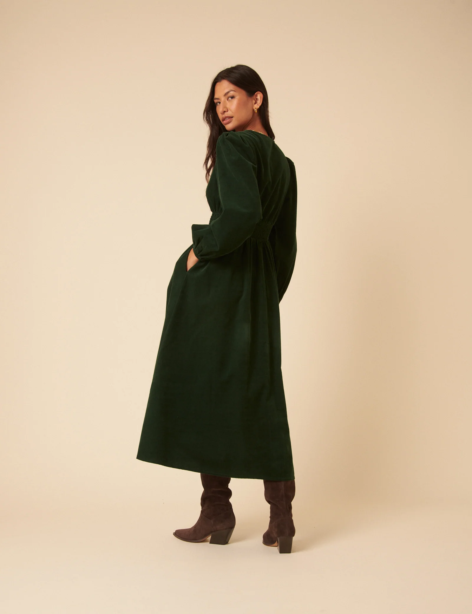 Forest Green Cord Long Sleeve Riley Midi Dress - Image 5