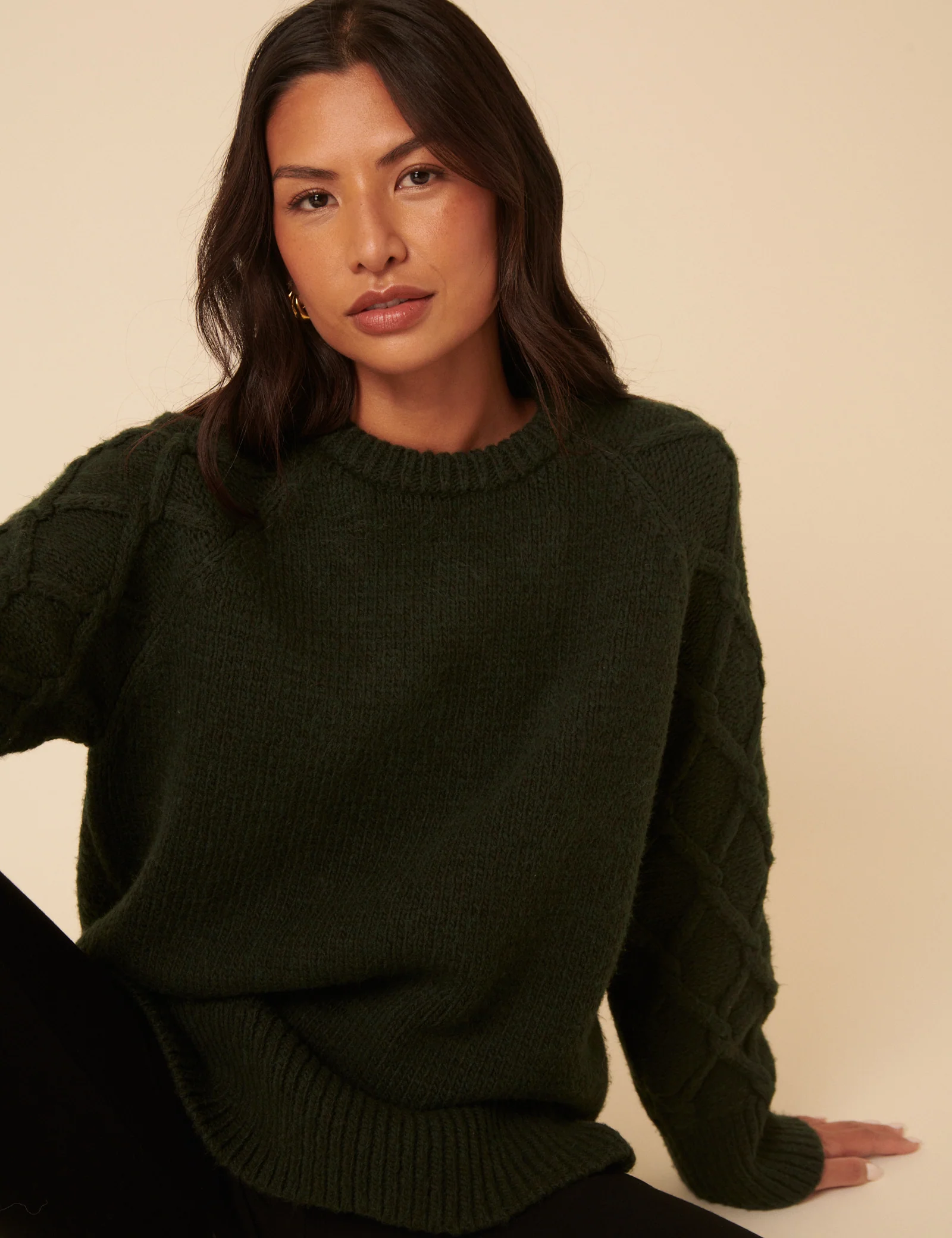 Forest Green Crew Neck Cable Oversized Jumper - Image 3