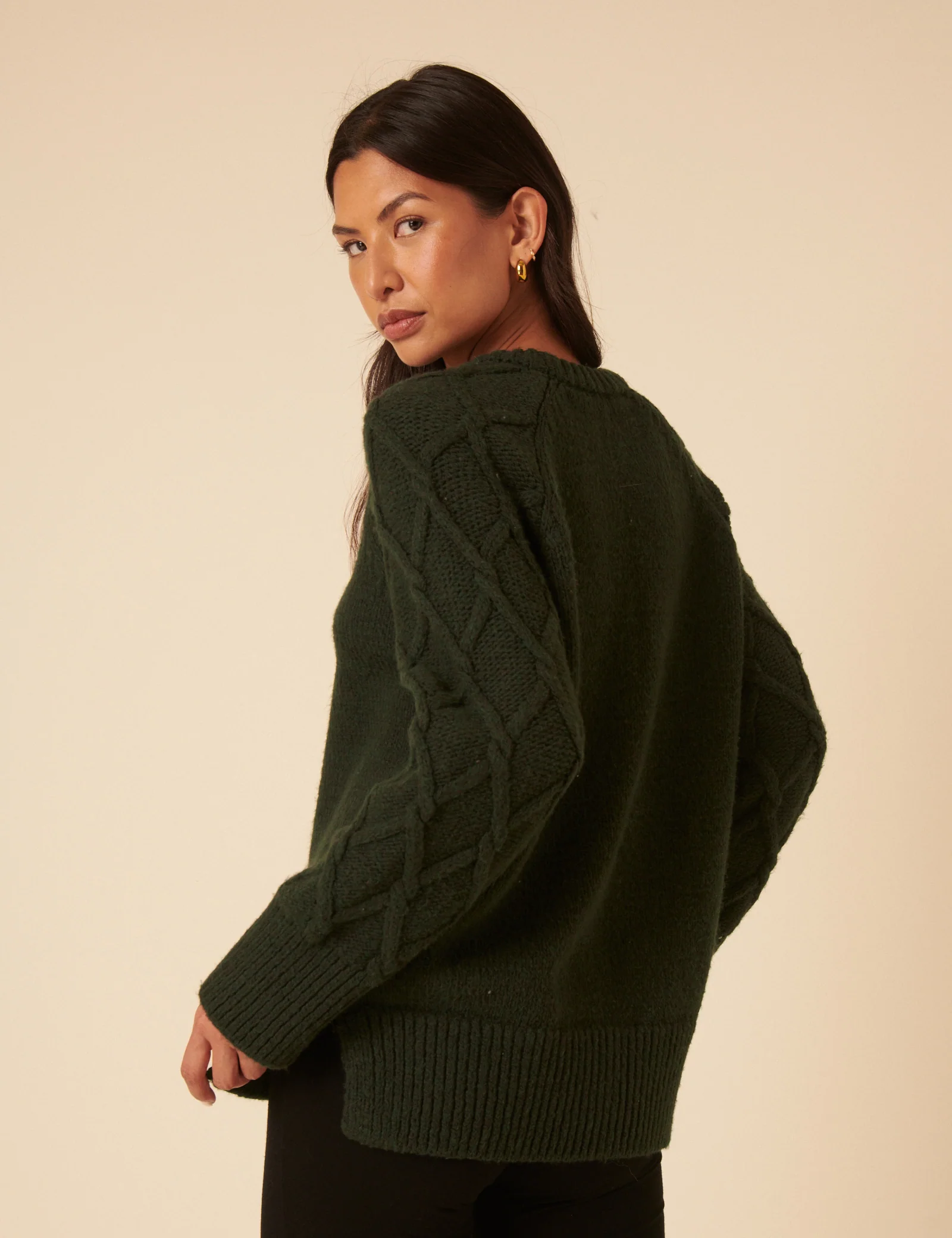 Forest Green Crew Neck Cable Oversized Jumper - Image 5
