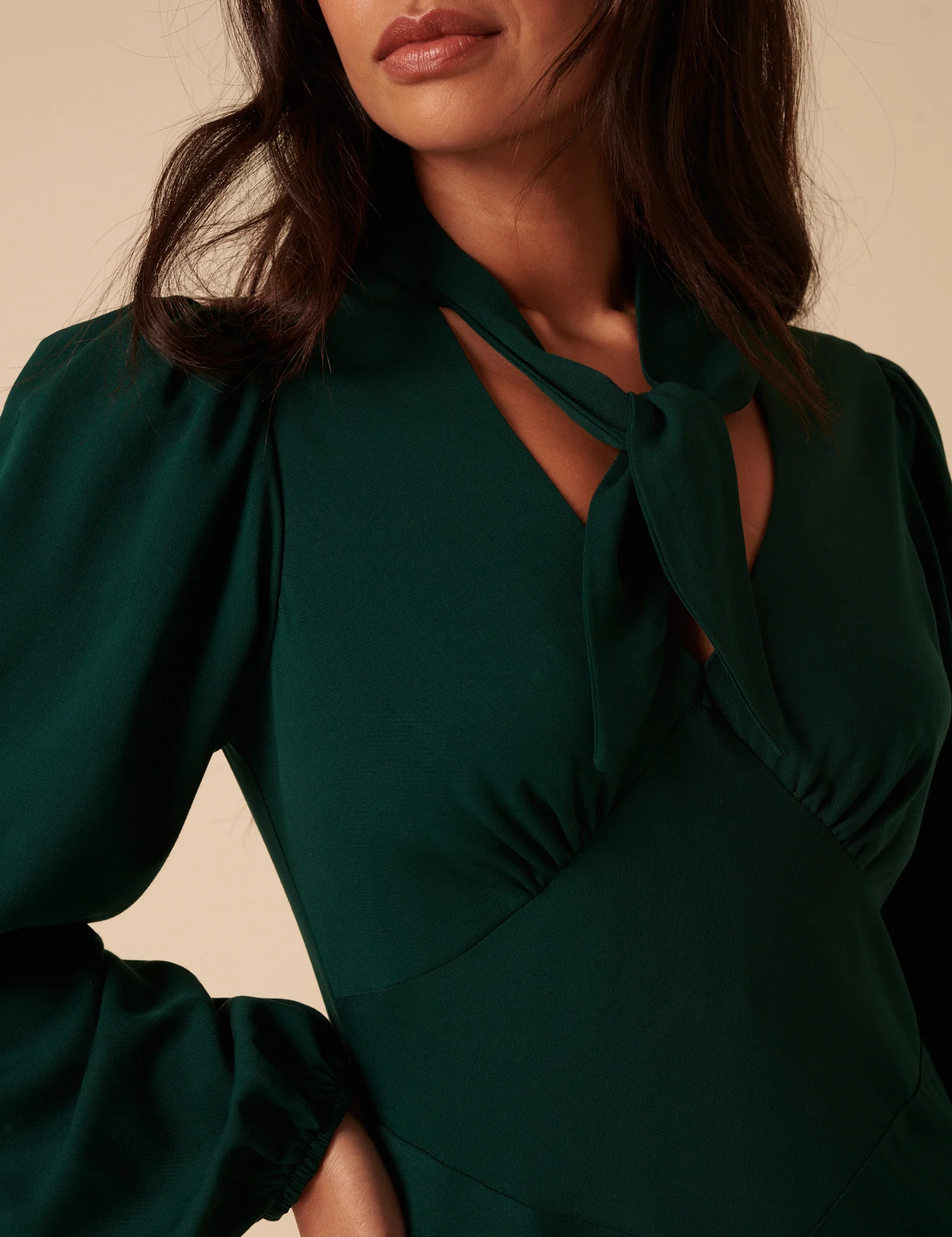 Forest Green Satin Balloon Sleeve Tie Neck Sadie Midi Dress - Image 3