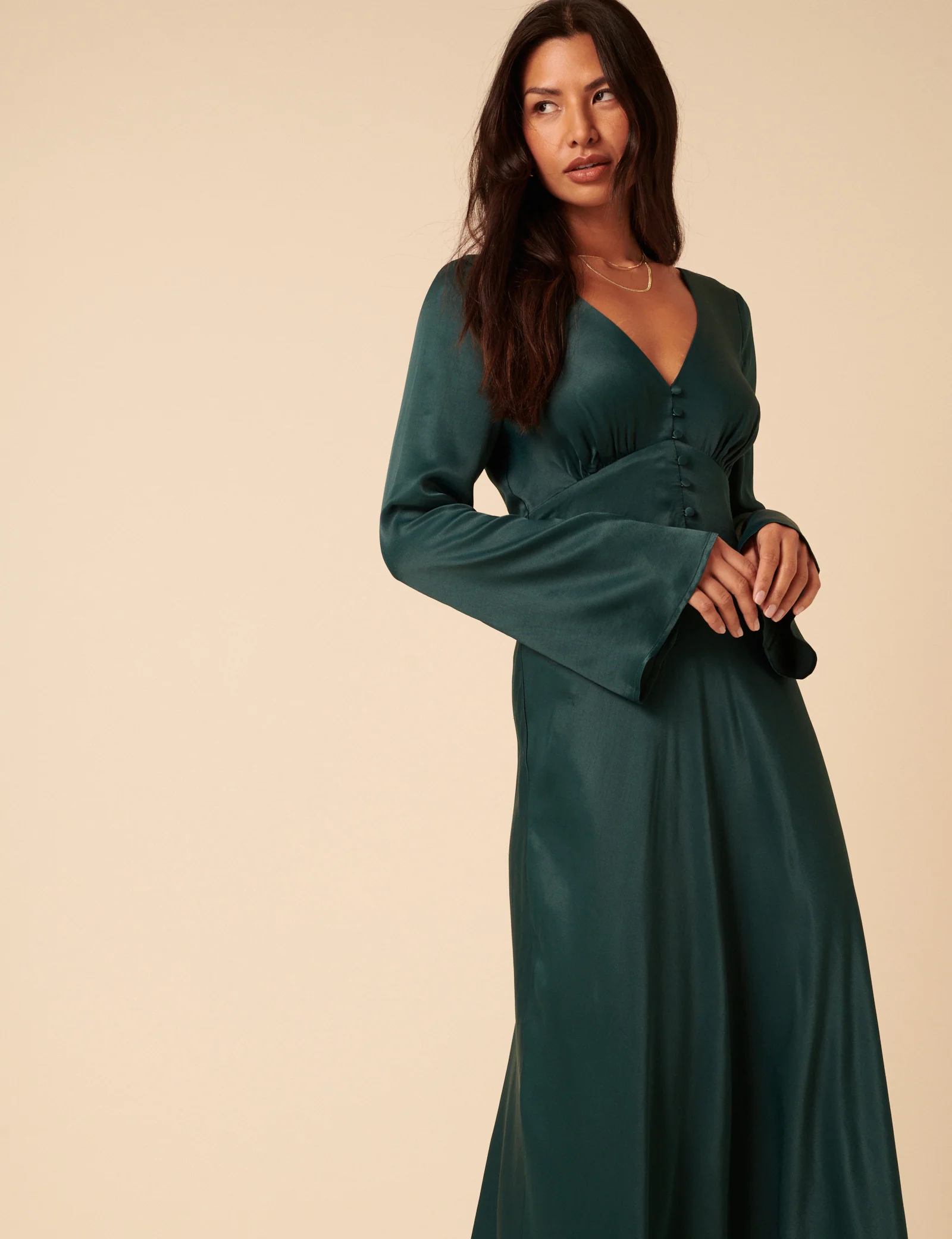 Forest Green Satin Long Sleeve Stella Midi Dress - Image 2