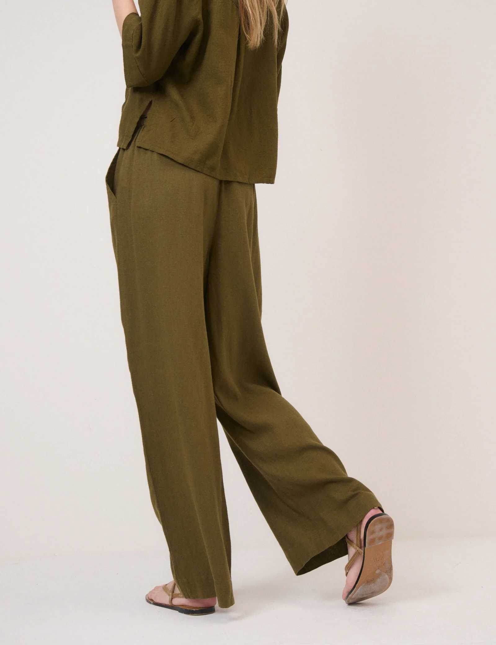 Khaki Green Linen-Blend Straight Leg Trousers - Image 4