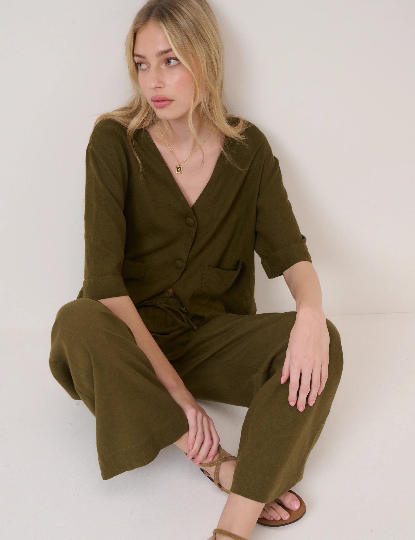 Khaki Green Linen-Blend Straight Leg Trousers - Image 5
