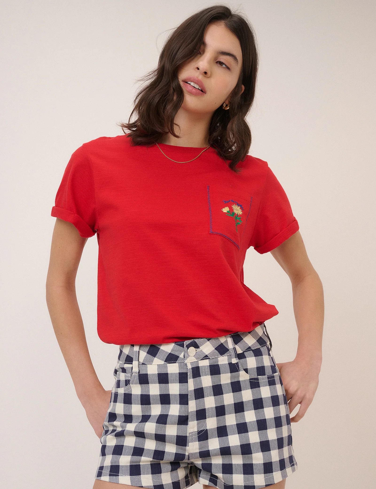Navy Denim Gingham Mini Shorts - Image 3