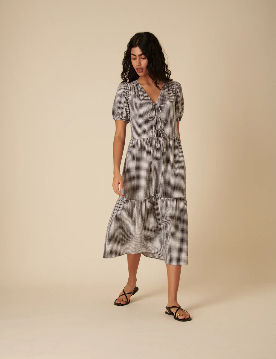 Gingham Tie Front Bernadetta Midi Dress