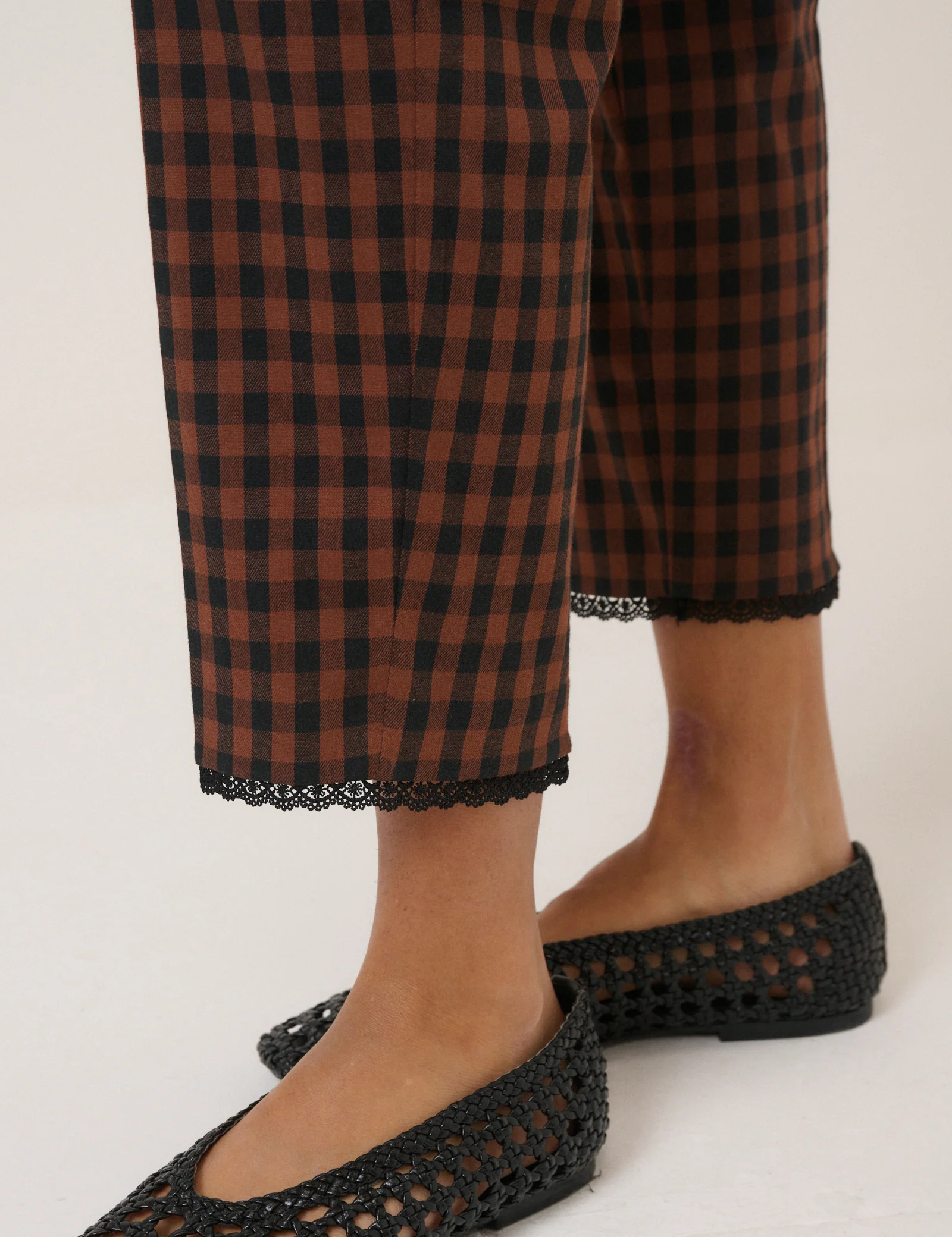 Brown Gingham Lace Trim Cigarette Trousers - Image 3