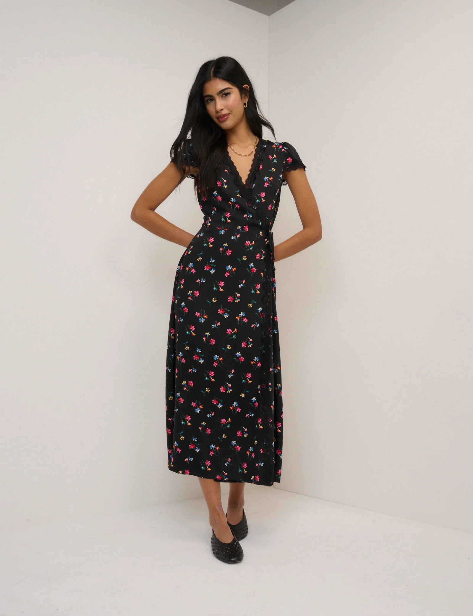 Black Floral Ginny Midi Wrap Dress