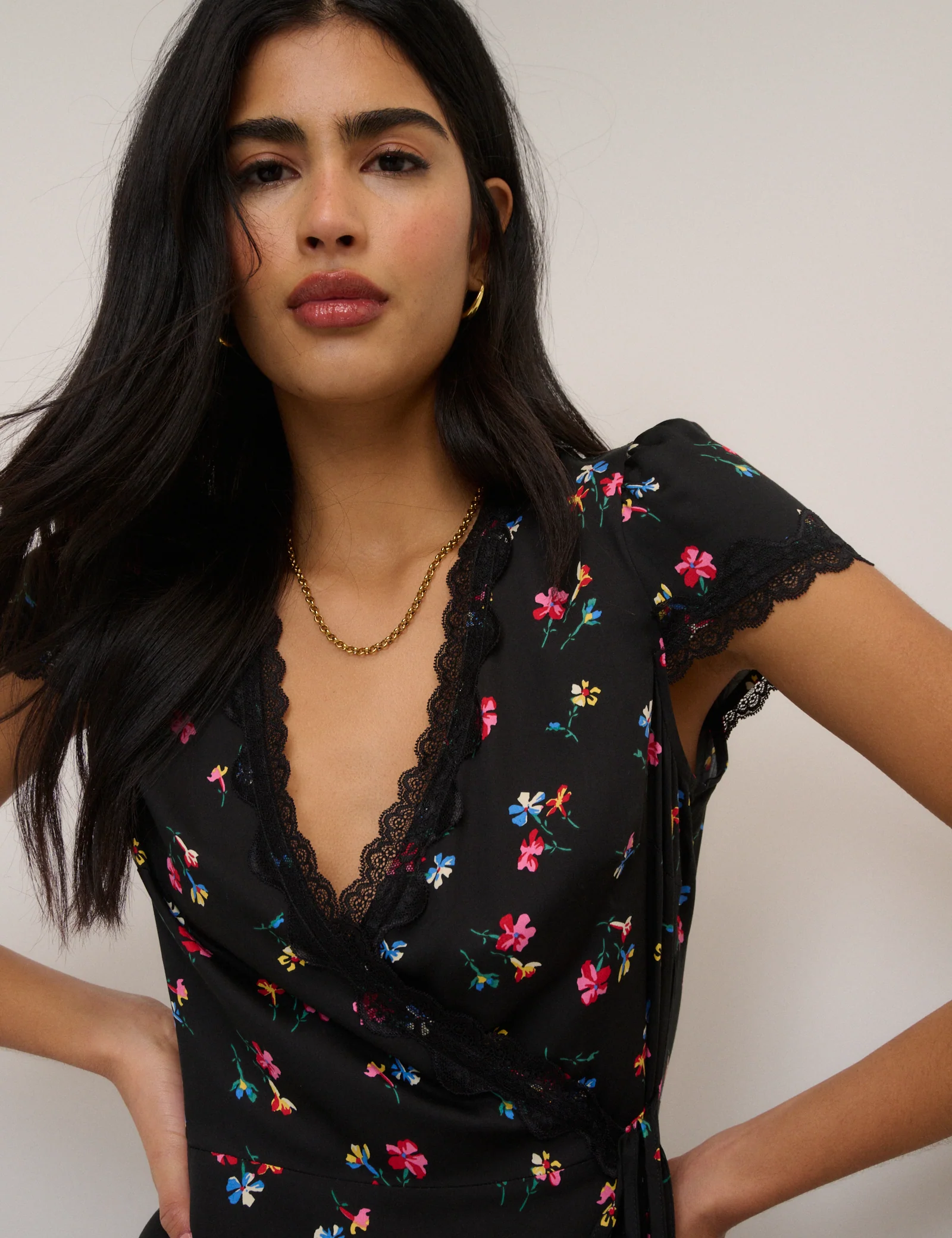 Black Floral Ginny Midi Wrap Dress - Image 2