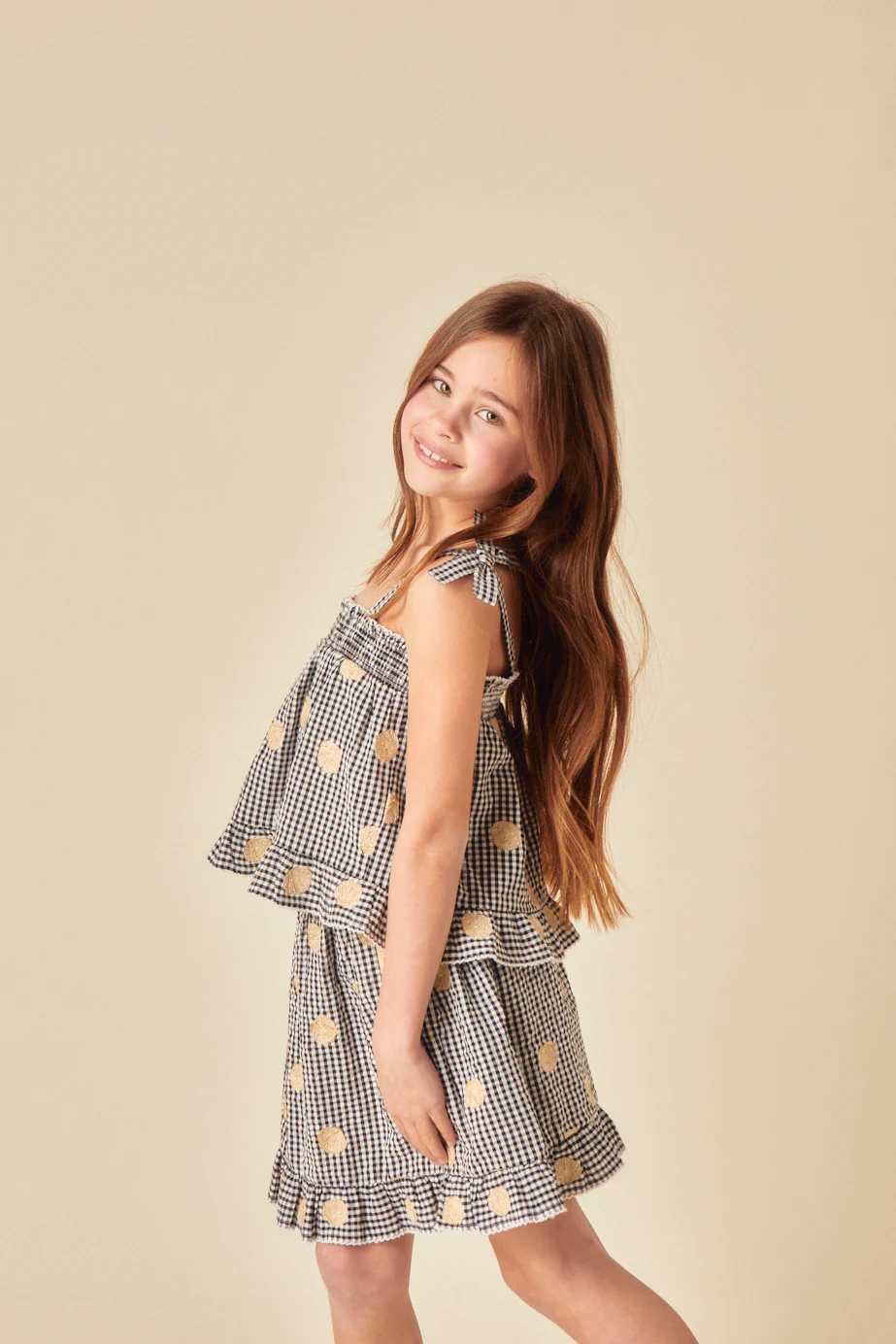 Elizabeth Scarlett Girls Black Gingham Shell Embroidered Top - Image 3