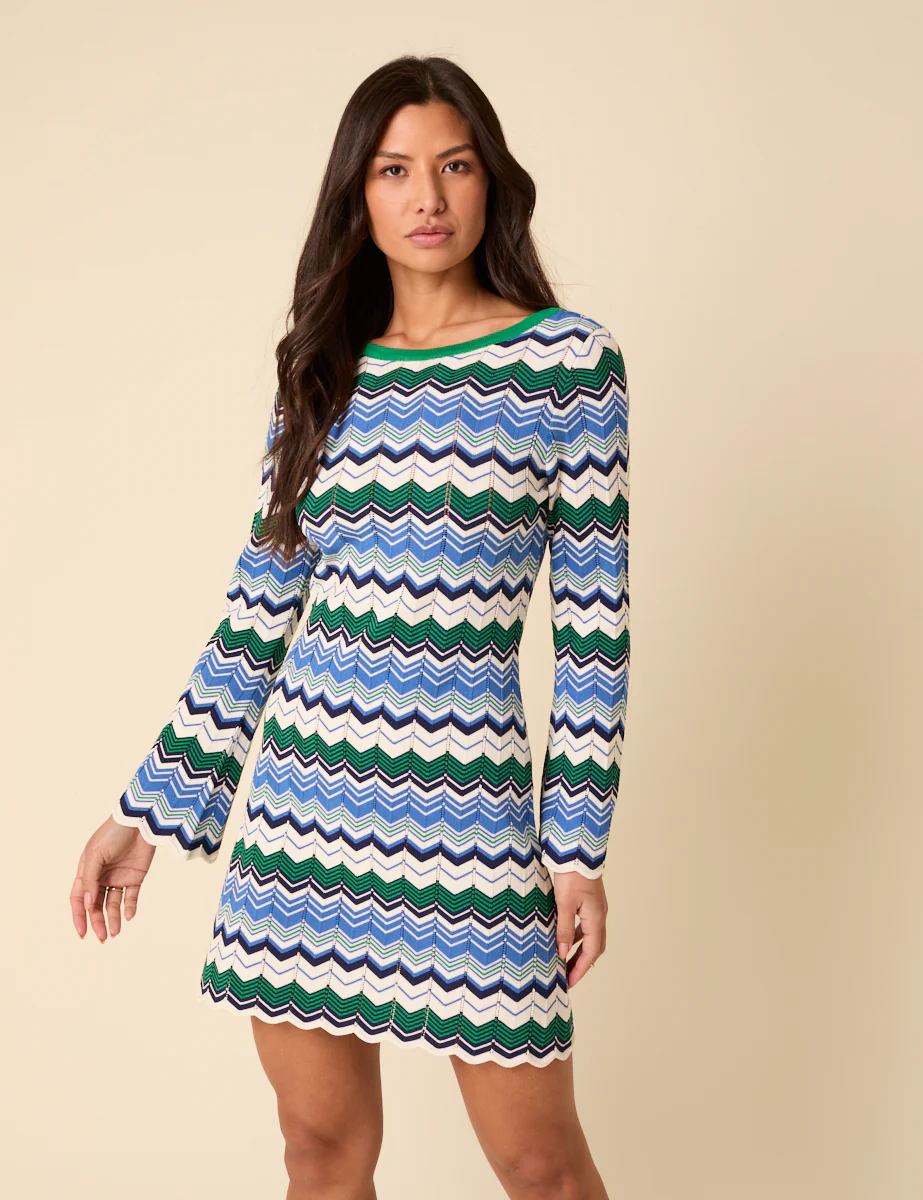 Green And Blue Striped Chevron Mini Dress - Image 3