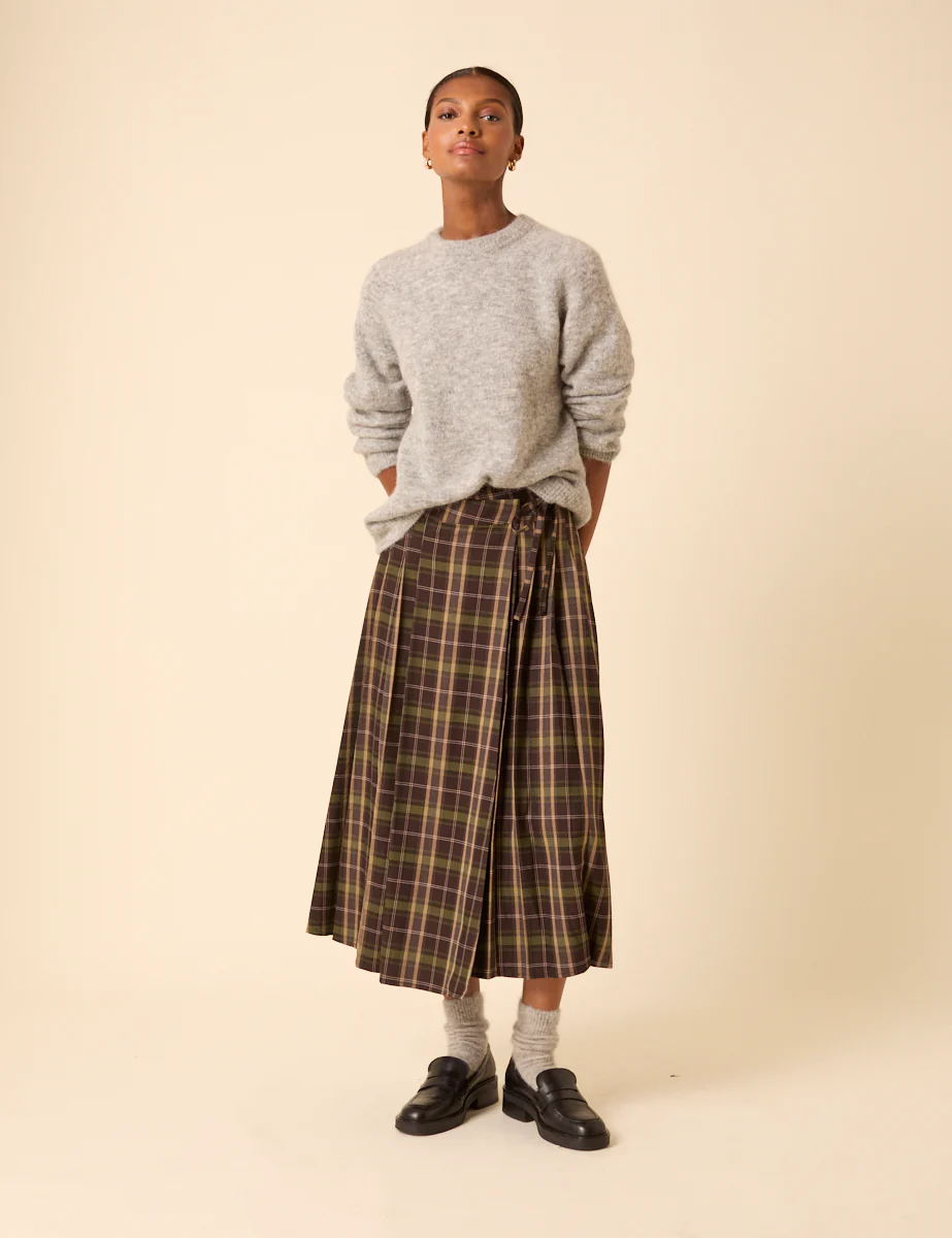 Green Check Tailored Kilt Midi Skirt - Image 5