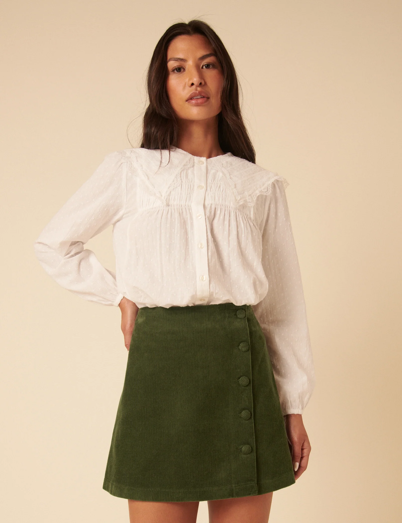 Green Cord Asymmetric Mini Skirt - Image 3