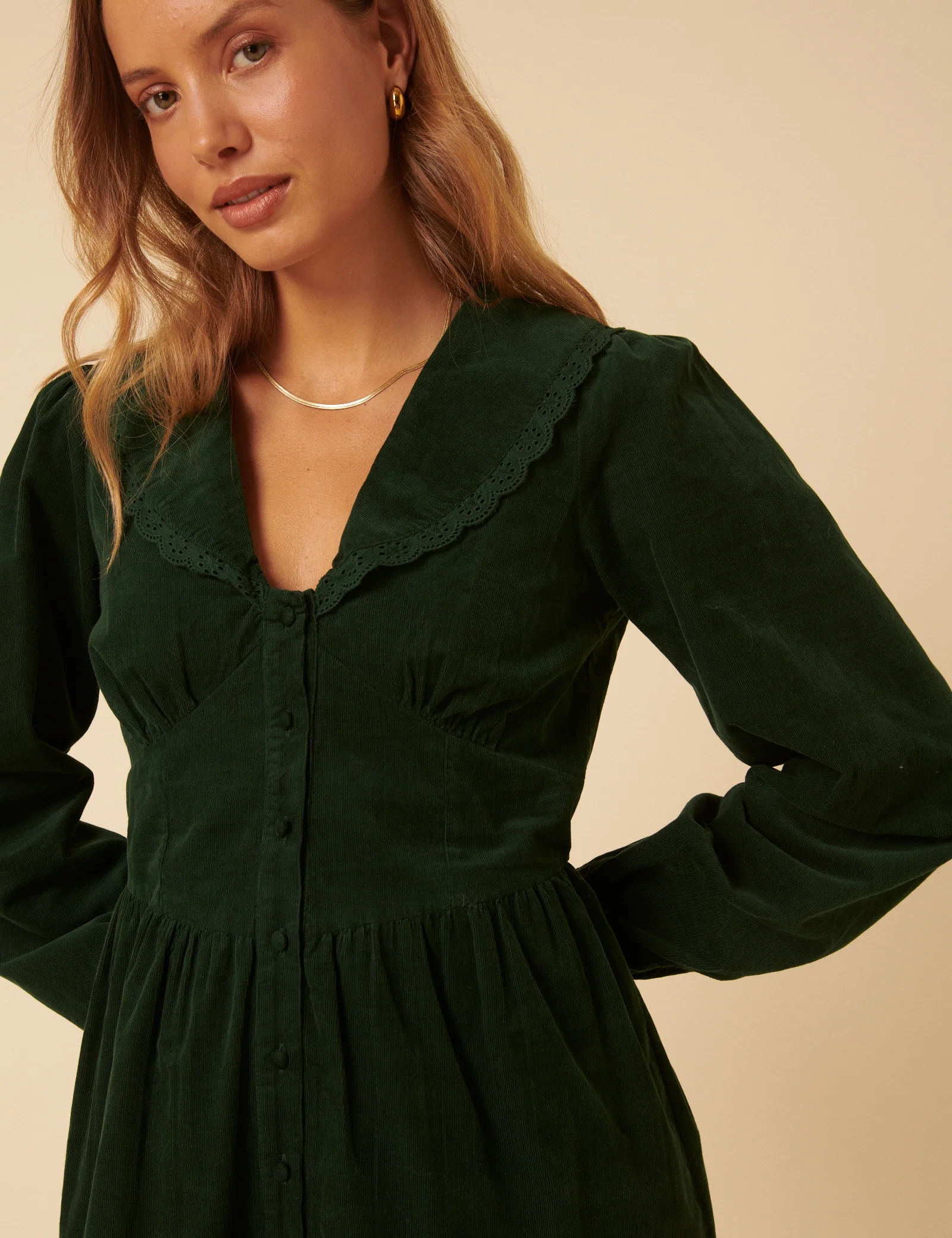Green Cord Peter Pan Collar Meghan Mini Dress - Image 2