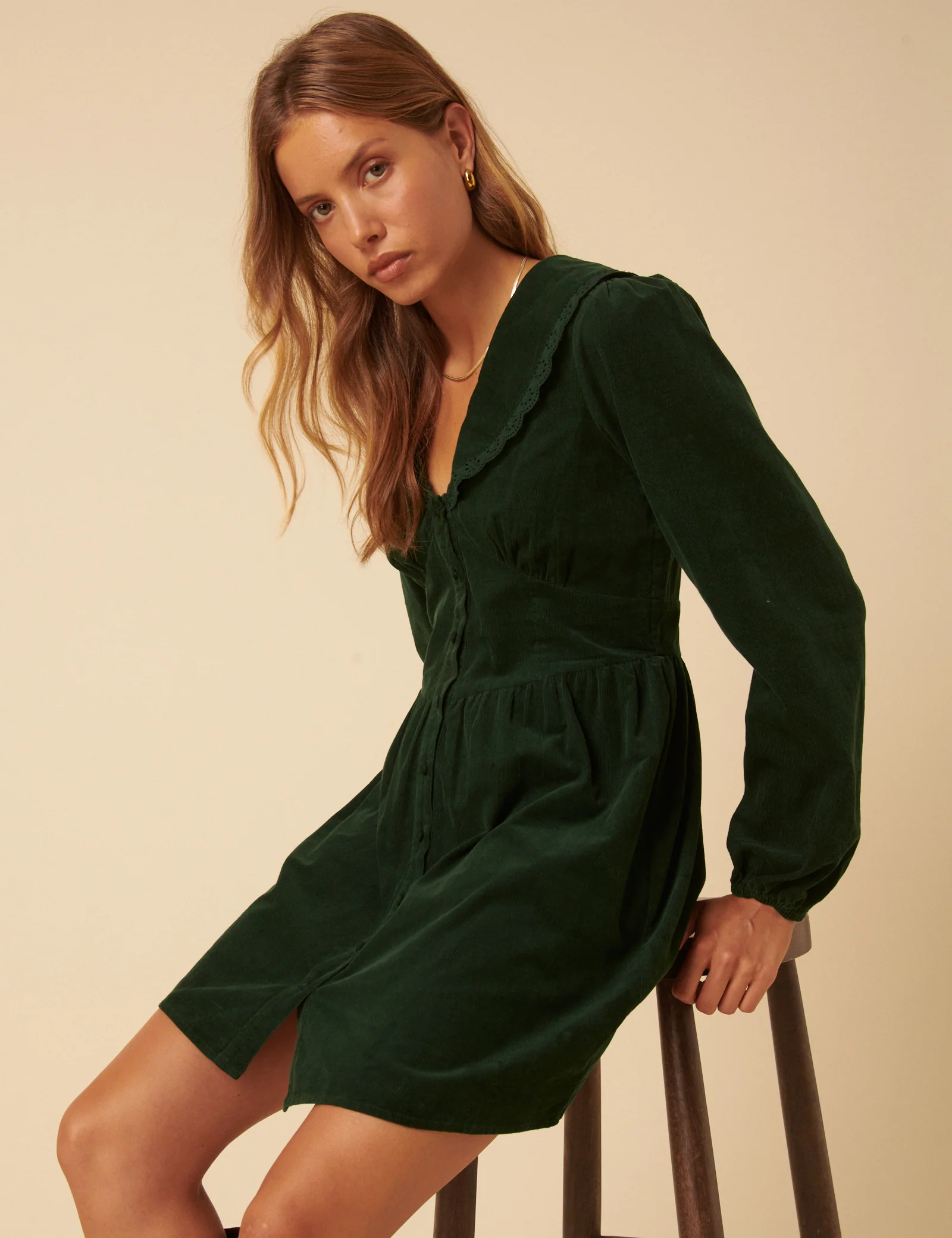 Green Cord Peter Pan Collar Meghan Mini Dress - Image 3