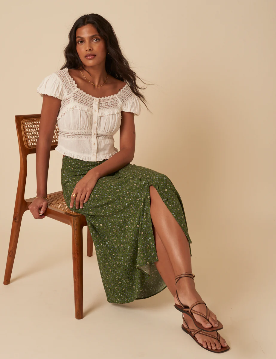 Green Ditsy Floral Midi Skirt