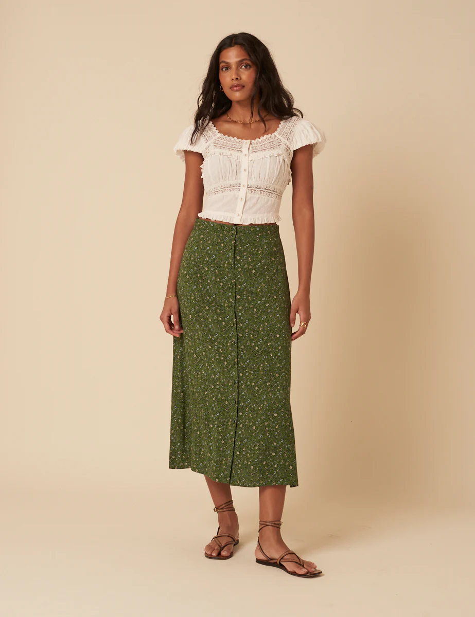 Green Ditsy Floral Midi Skirt - Image 3