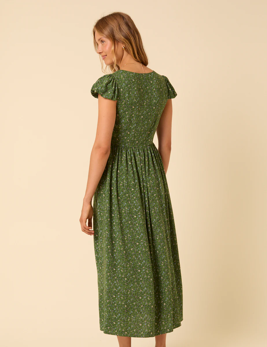 Green Ditsy Floral Puff Sleeve Cora Midi Dress - Image 4