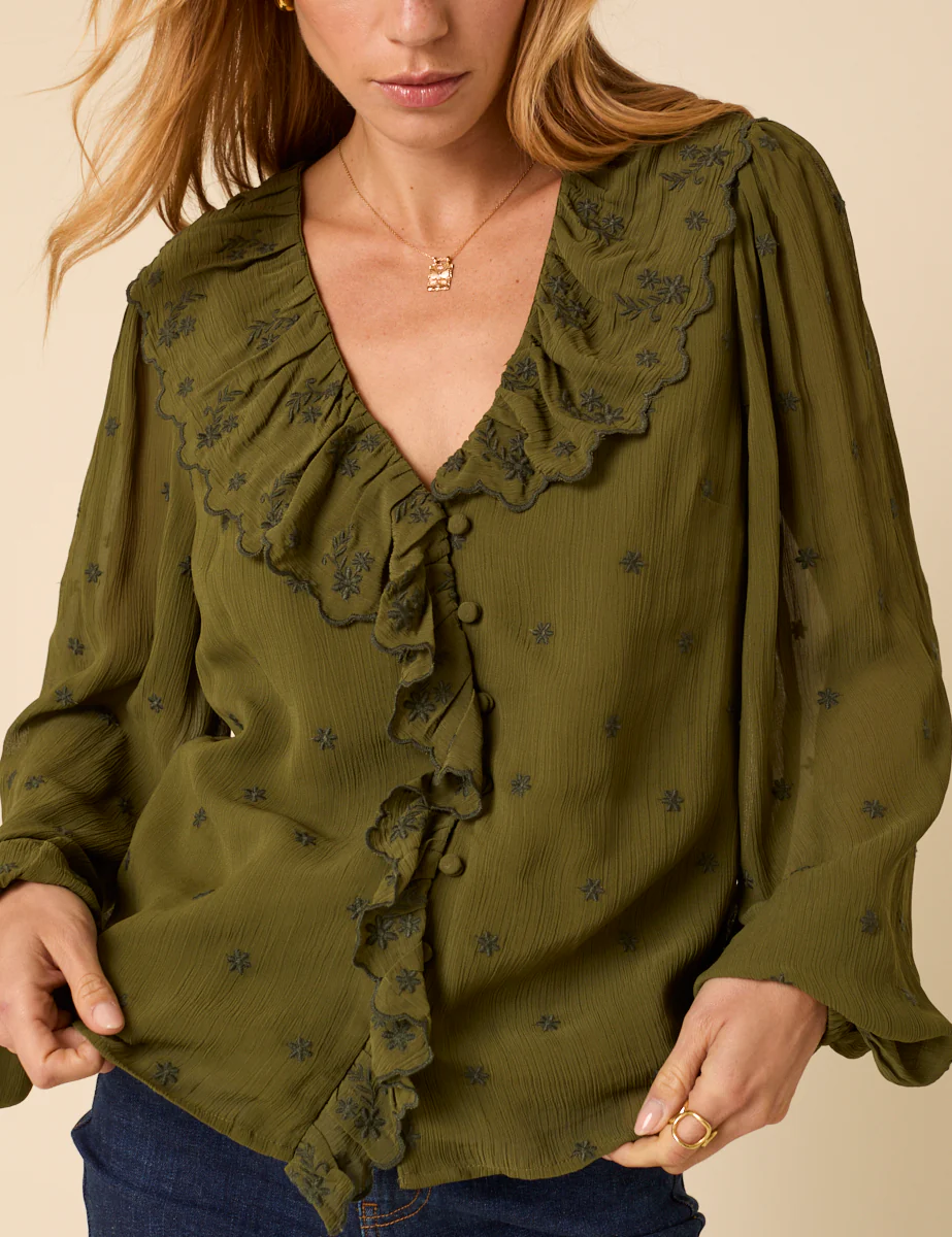 Green Embroidered Ruffle Collar Long Sleeve Blouse - Image 5