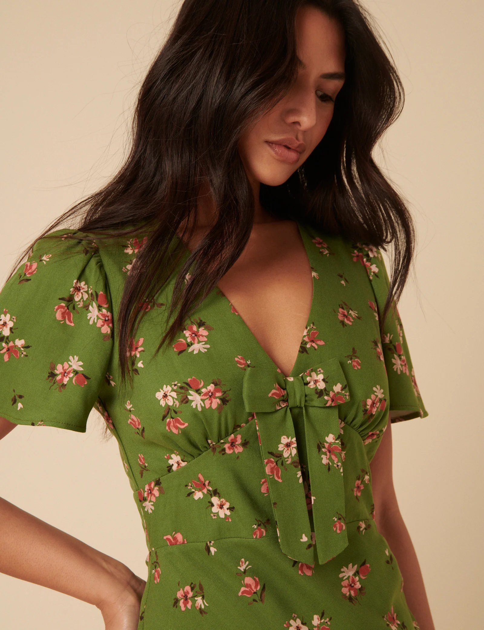 Green Floral Bow Front Faith Midi Dress - Image 3