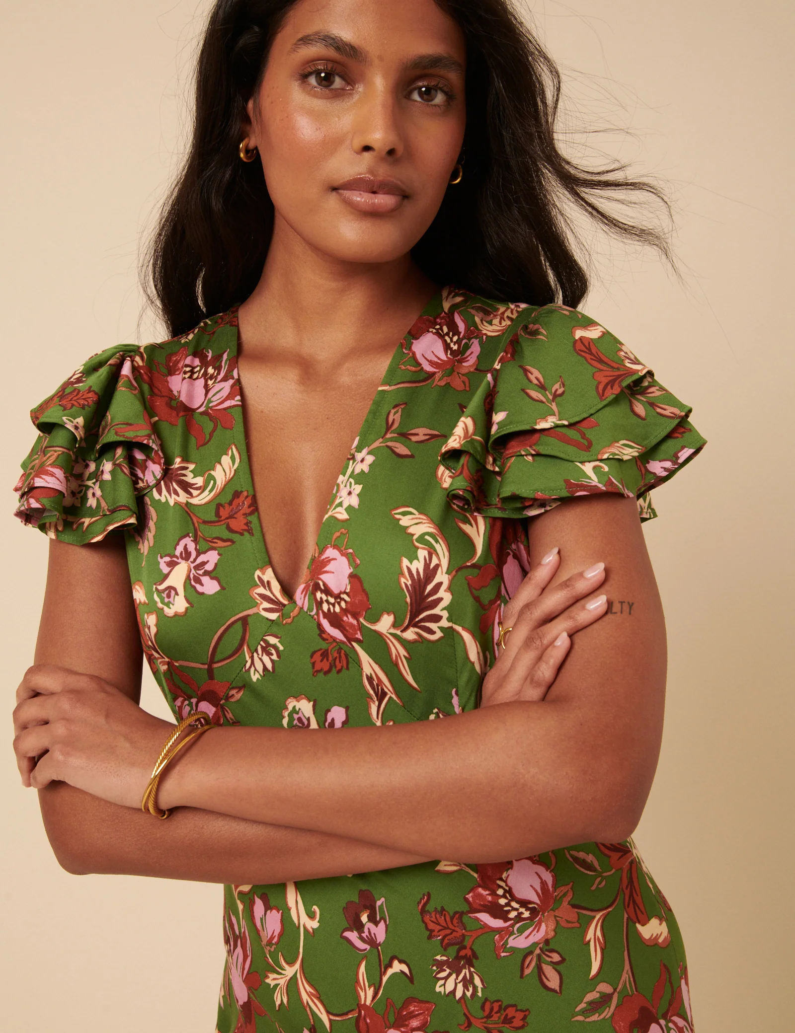 Green Floral Frill Sleeve Layla Midi Dress - Image 4