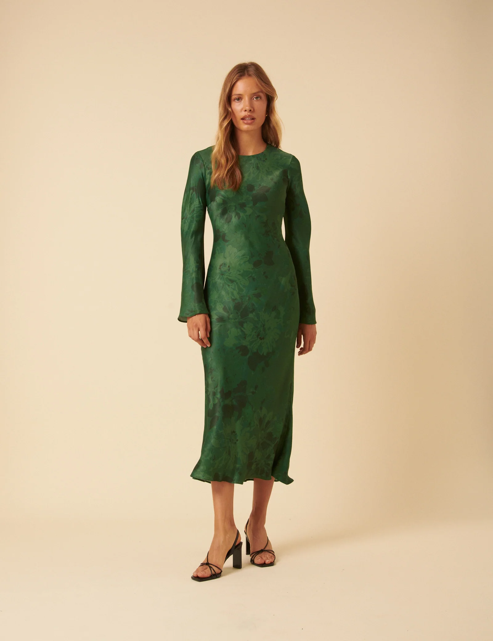 Green Floral Satin Clarissa Midi Dress - Image 3