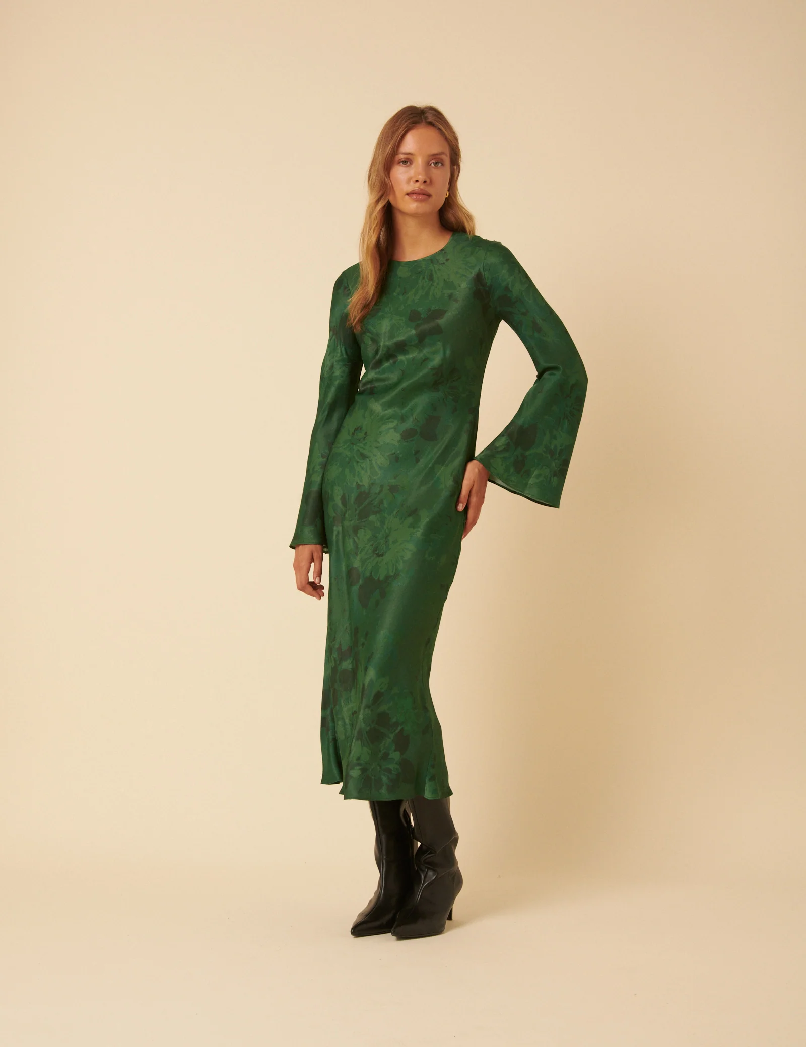 Green Floral Satin Clarissa Midi Dress - Image 4