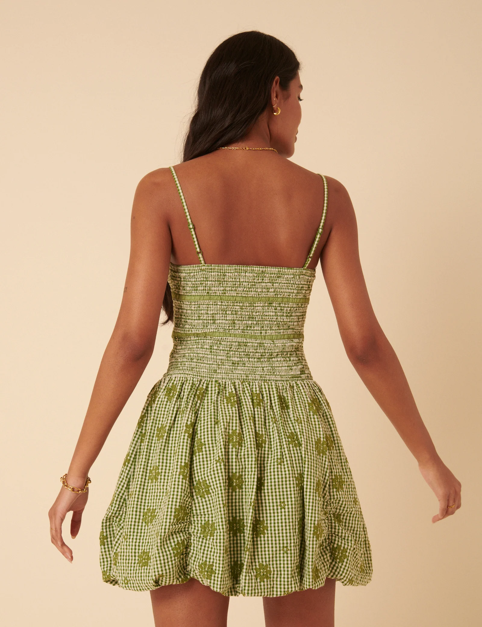 Green Gingham Embroidered Bubble Hem Sofia Mini Dress - Image 4