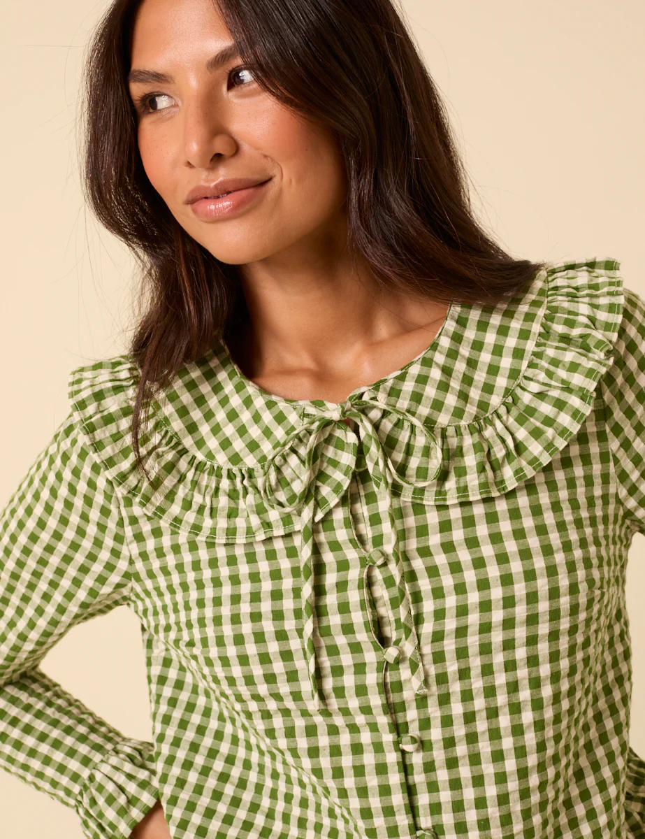 Green Gingham Ruffle Blouse - Image 2