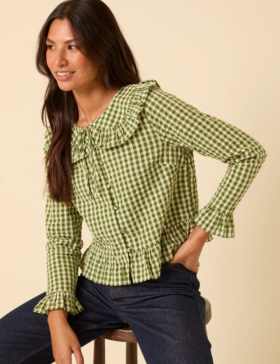 Green Gingham Ruffle Blouse - Image 4