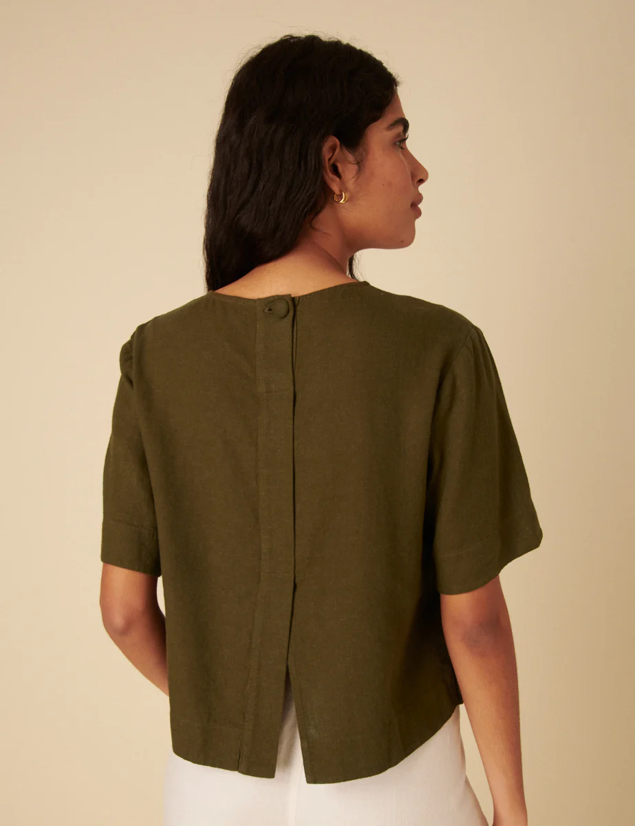 Green Linen-blend Short Sleeve Top - Image 4