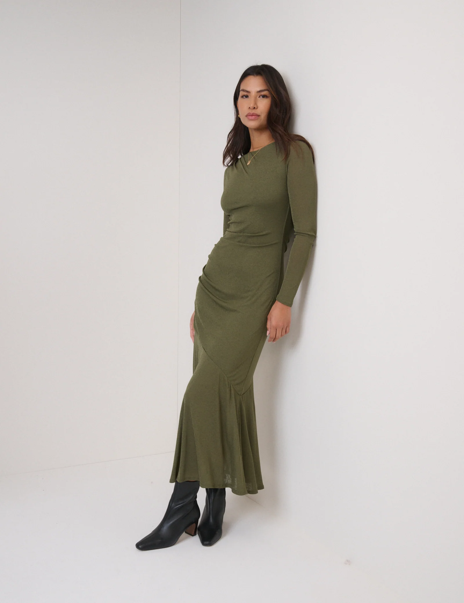 Green Long Sleeve Draped Tallulah Jersey Midi Dress - Image 3