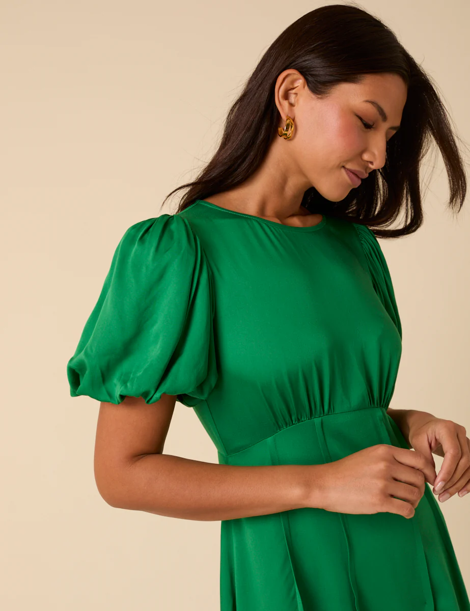 Green Satin Puff Sleeve Quinn Midi Dress - Image 2