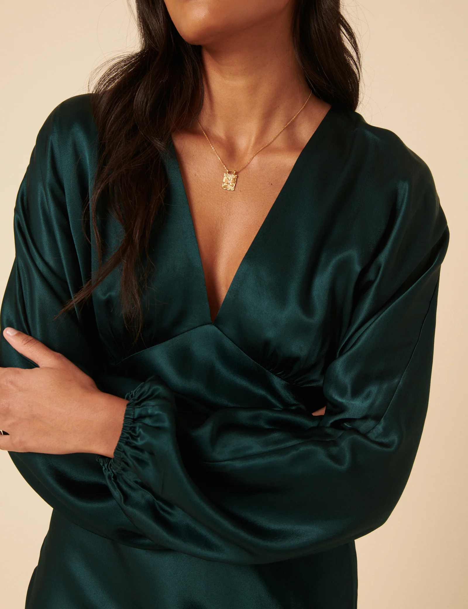 Green Satin Long Sleeve Mini Dress - Image 3