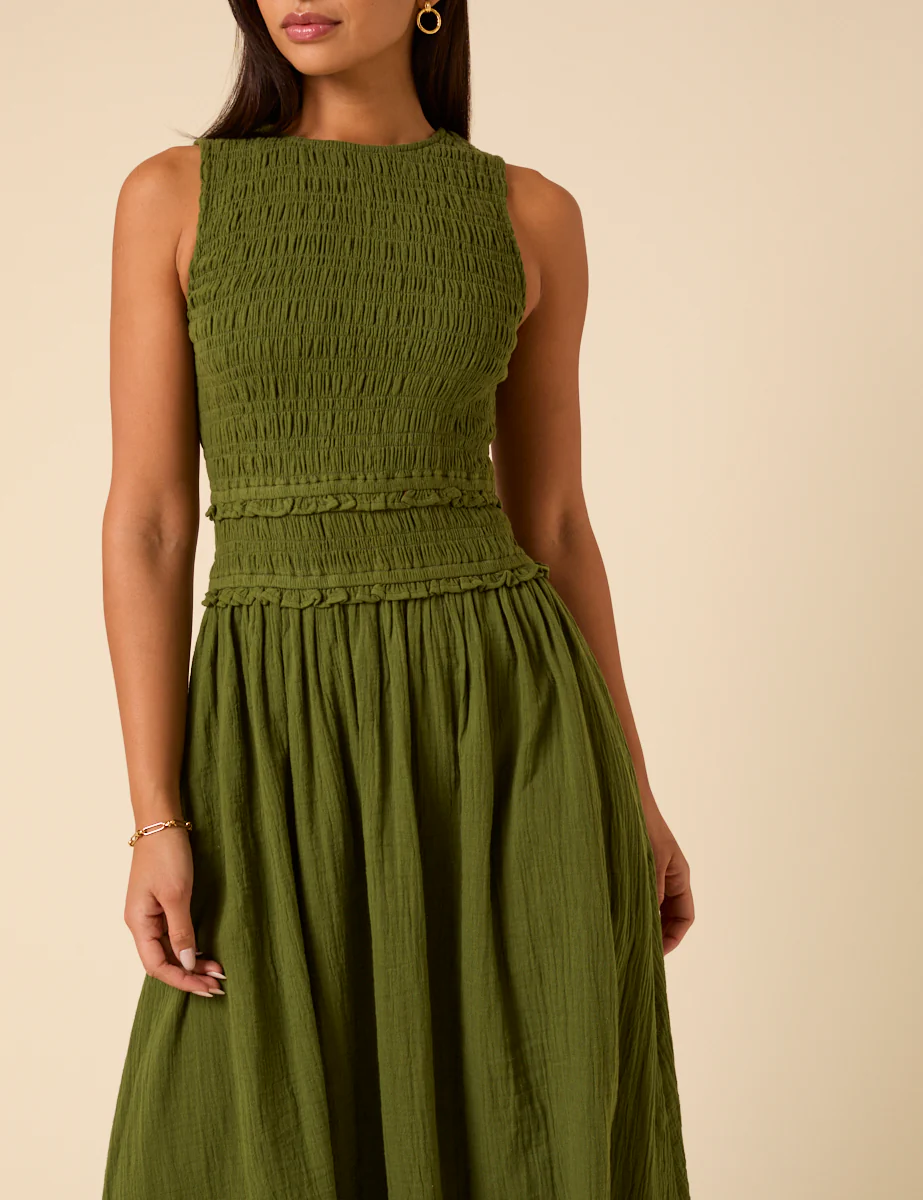 Green Shirred Bodice Ingrid Midi Dress - Image 2