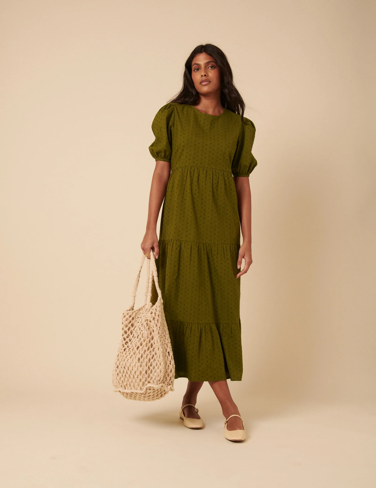 Green Spotty Puff Sleeve Betty Midi Dress