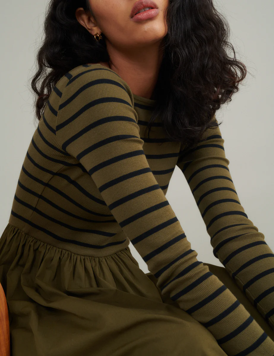 Green Striped Long Sleeve A-Line Penni Midi Dress - Image 3