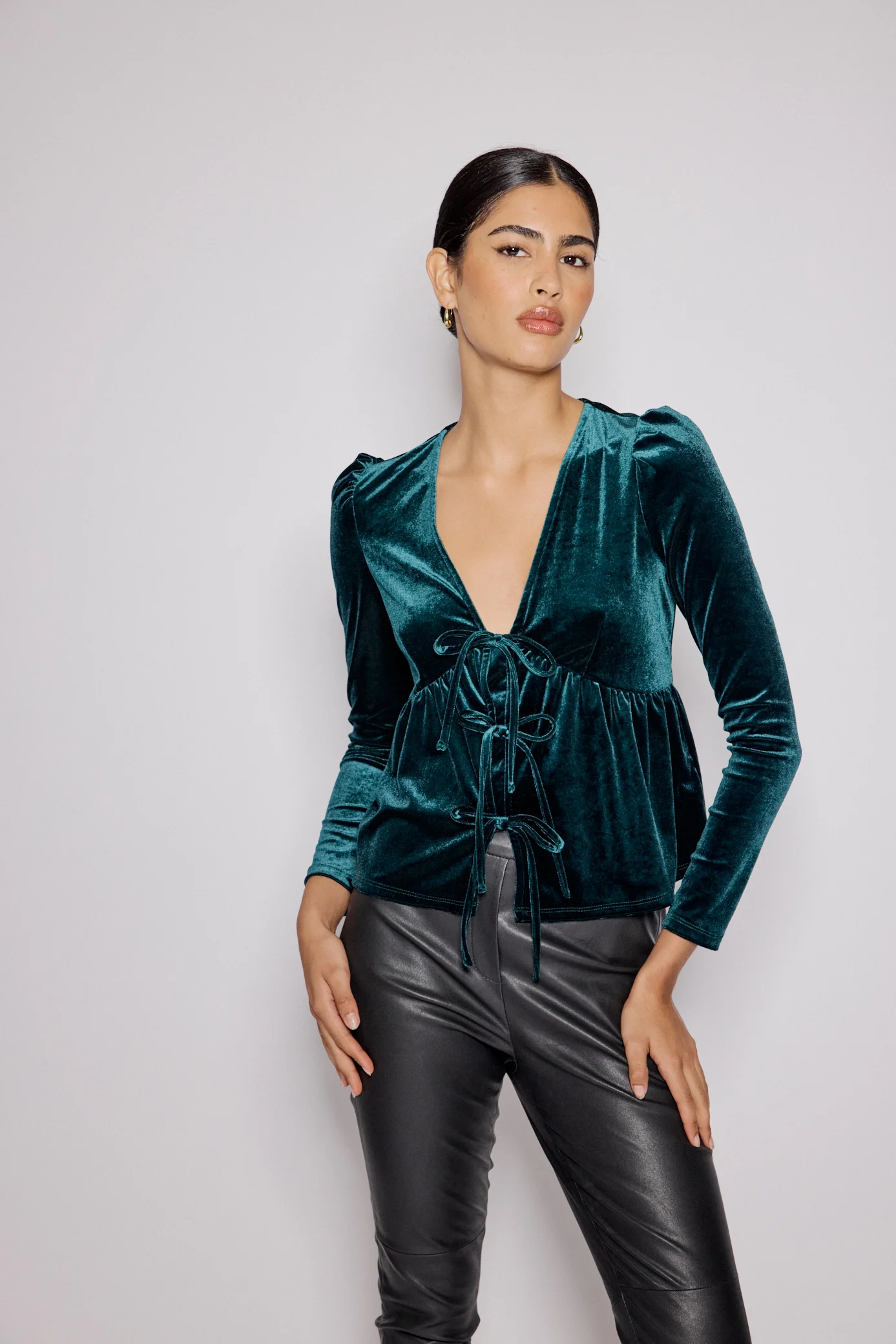 Green Velvet Tie Front Top - Image 4