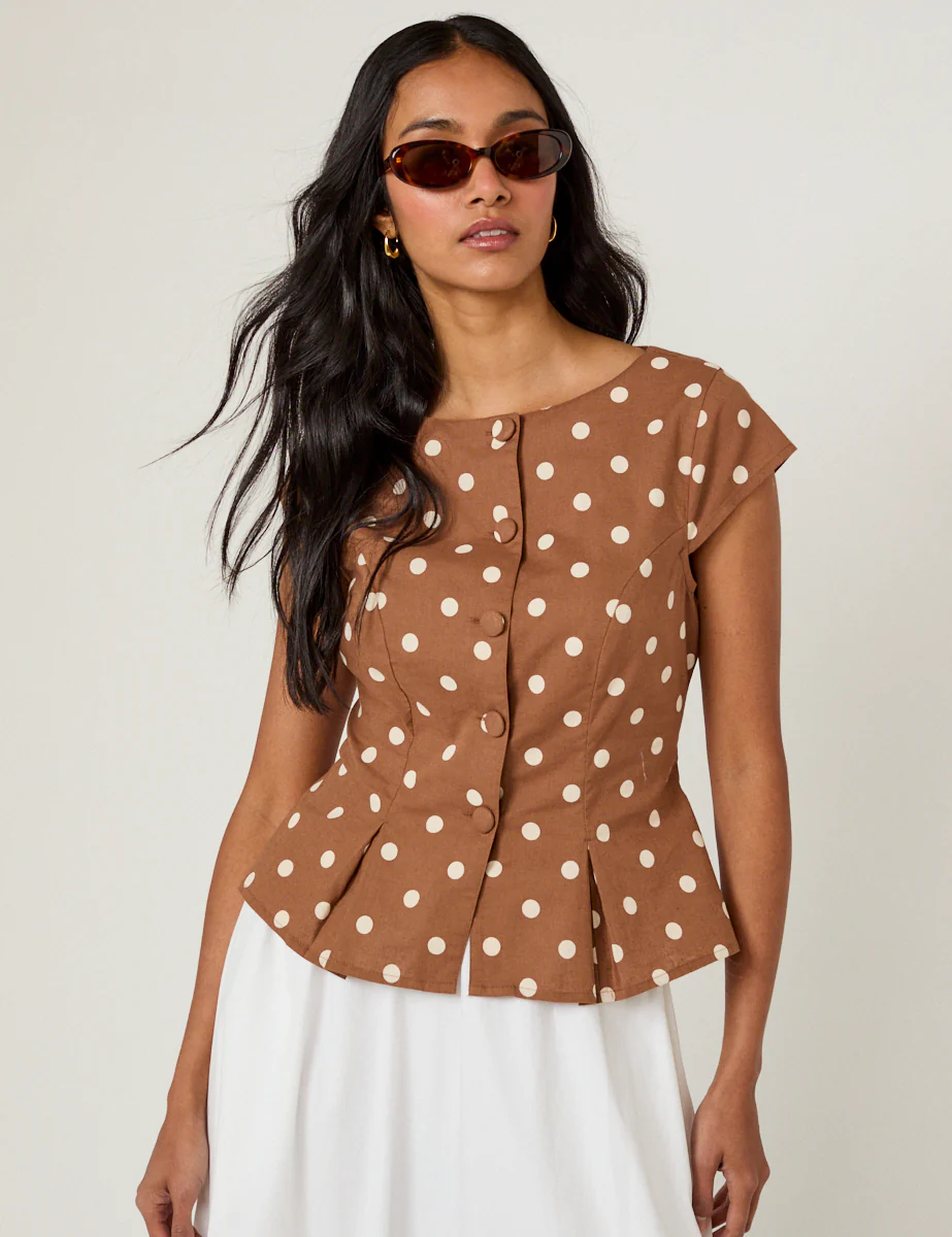 Brown Polka Dot Tailored Top - Image 2