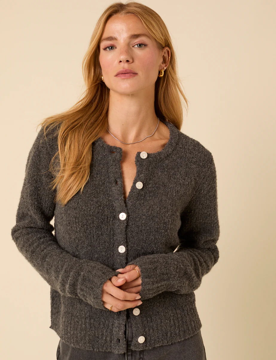 Grey Wool Blend Boucle Cardigan - Image 2