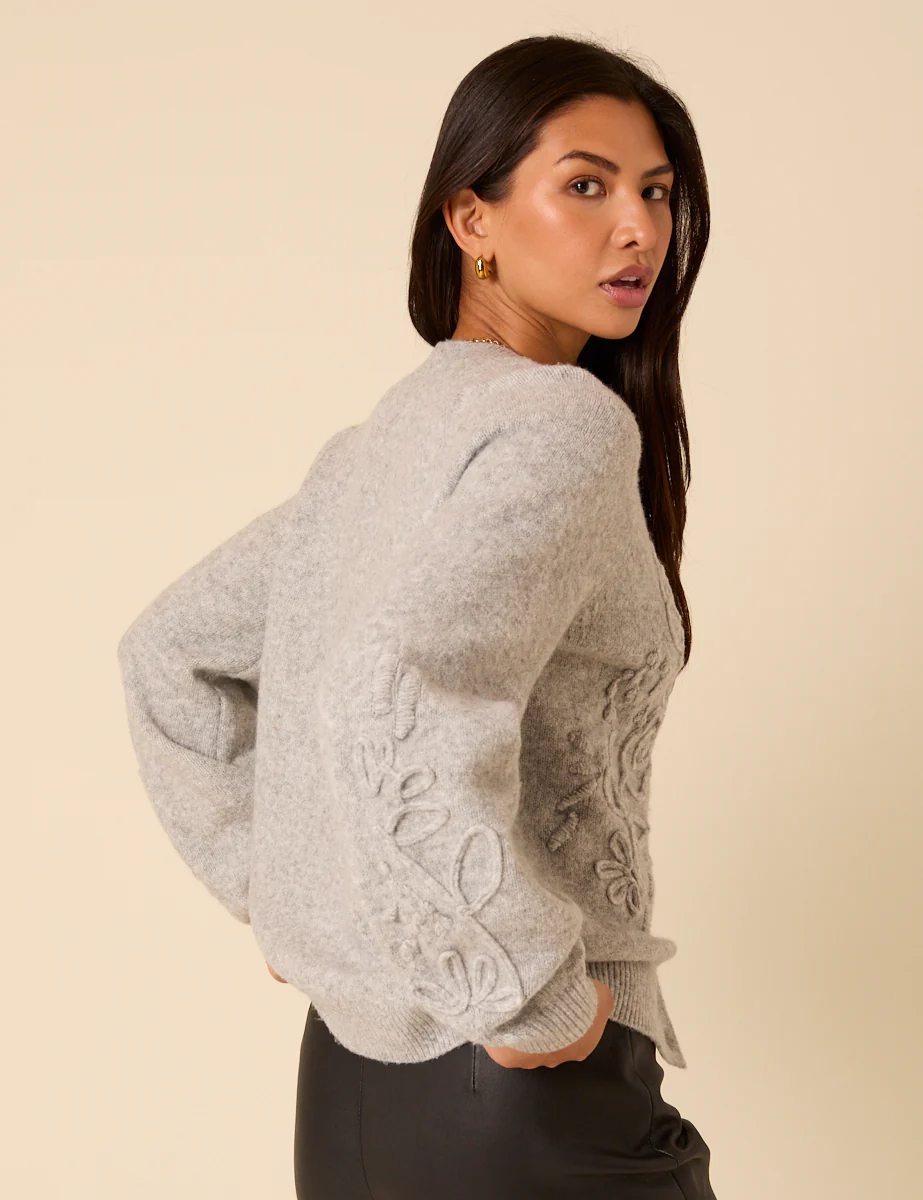 Grey Floral Embroidered Crew Neck Cardigan - Image 5