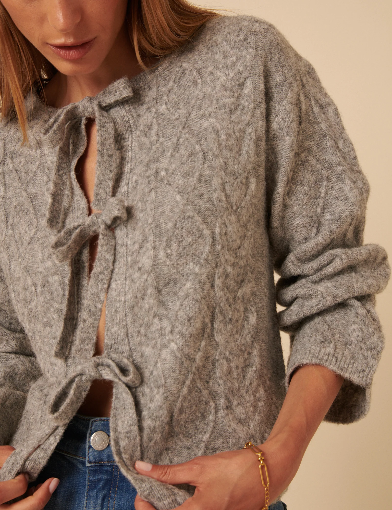 Grey Tie Front Cable Knitted Cardigan - Image 2