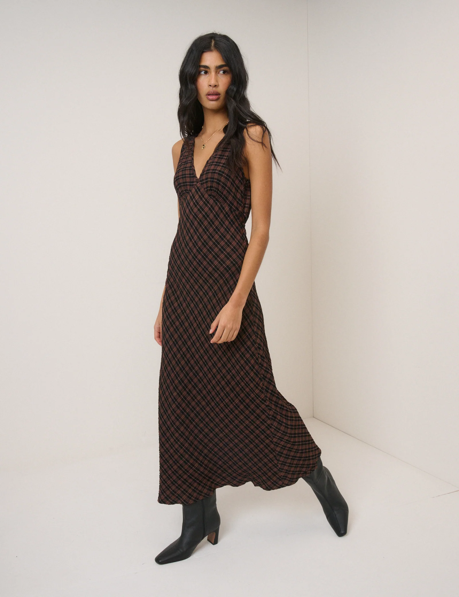 Brown Check Harmony Sleeveless Midi Dress - Image 4
