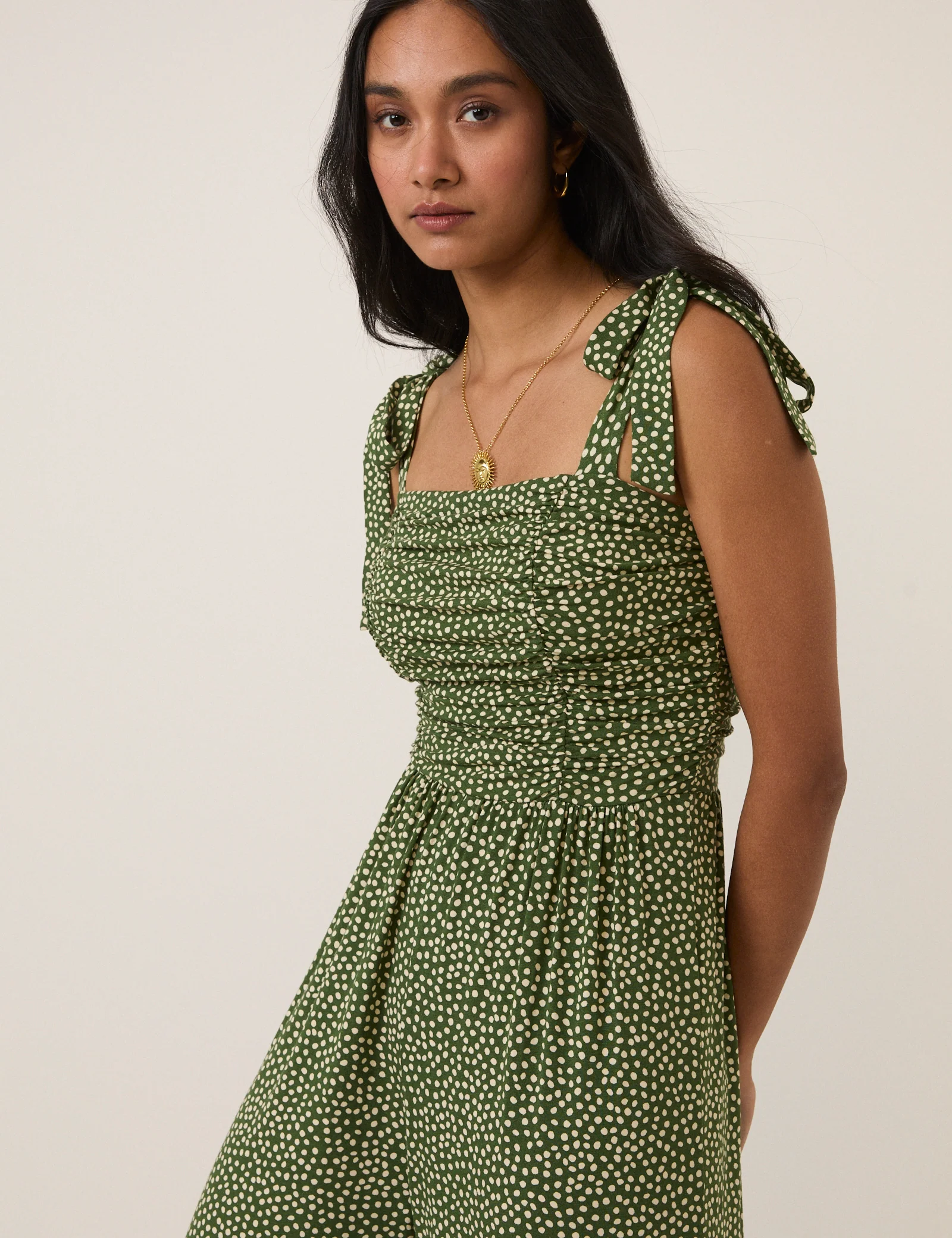 Green Polka Dot Tie Shoulder Jersey Jumpsuit - Image 2