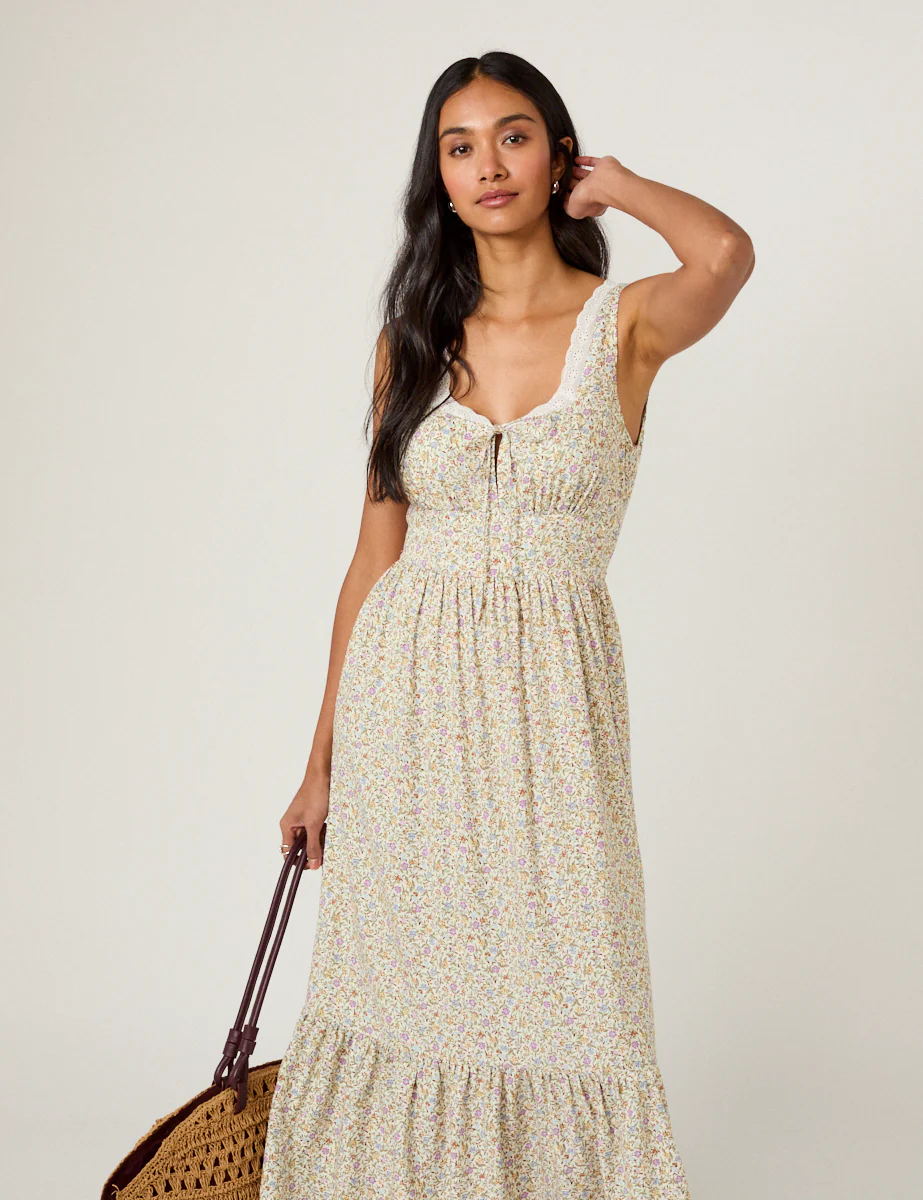 White Ditsy Floral Tiered Heather Midi Dress