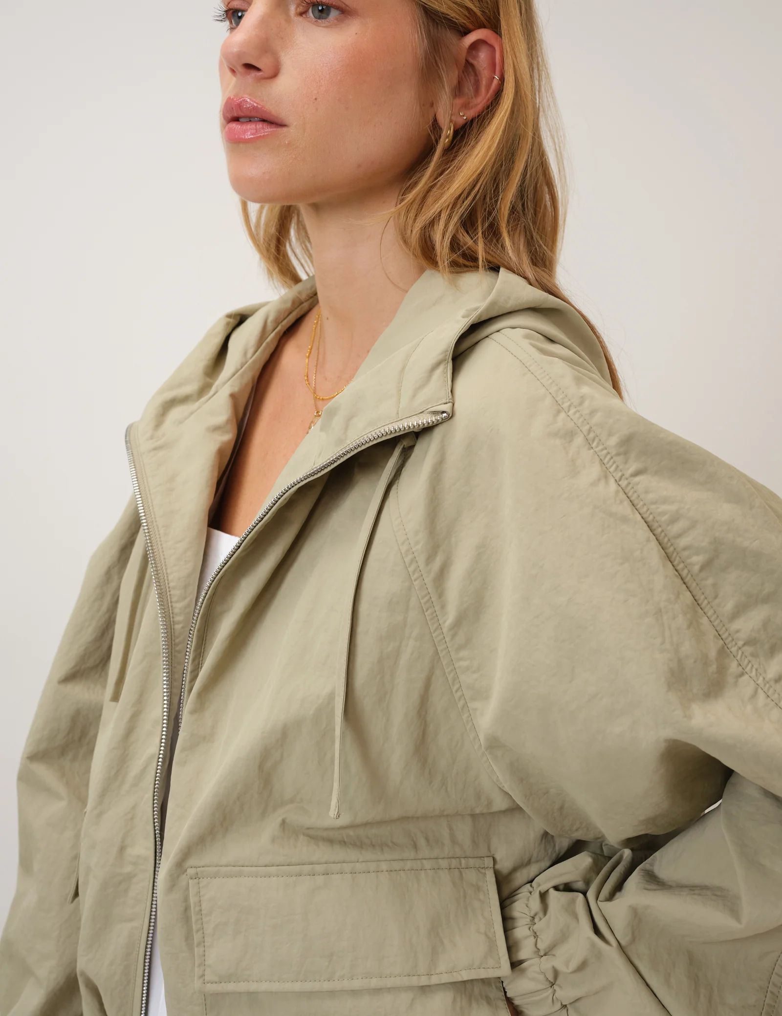 Green Hooded Funnel Neck Windbreaker Jacket - Image 2