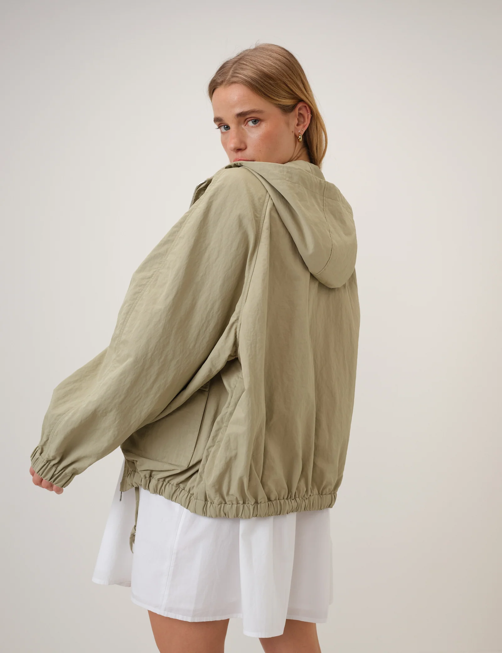 Green Hooded Funnel Neck Windbreaker Jacket - Image 5