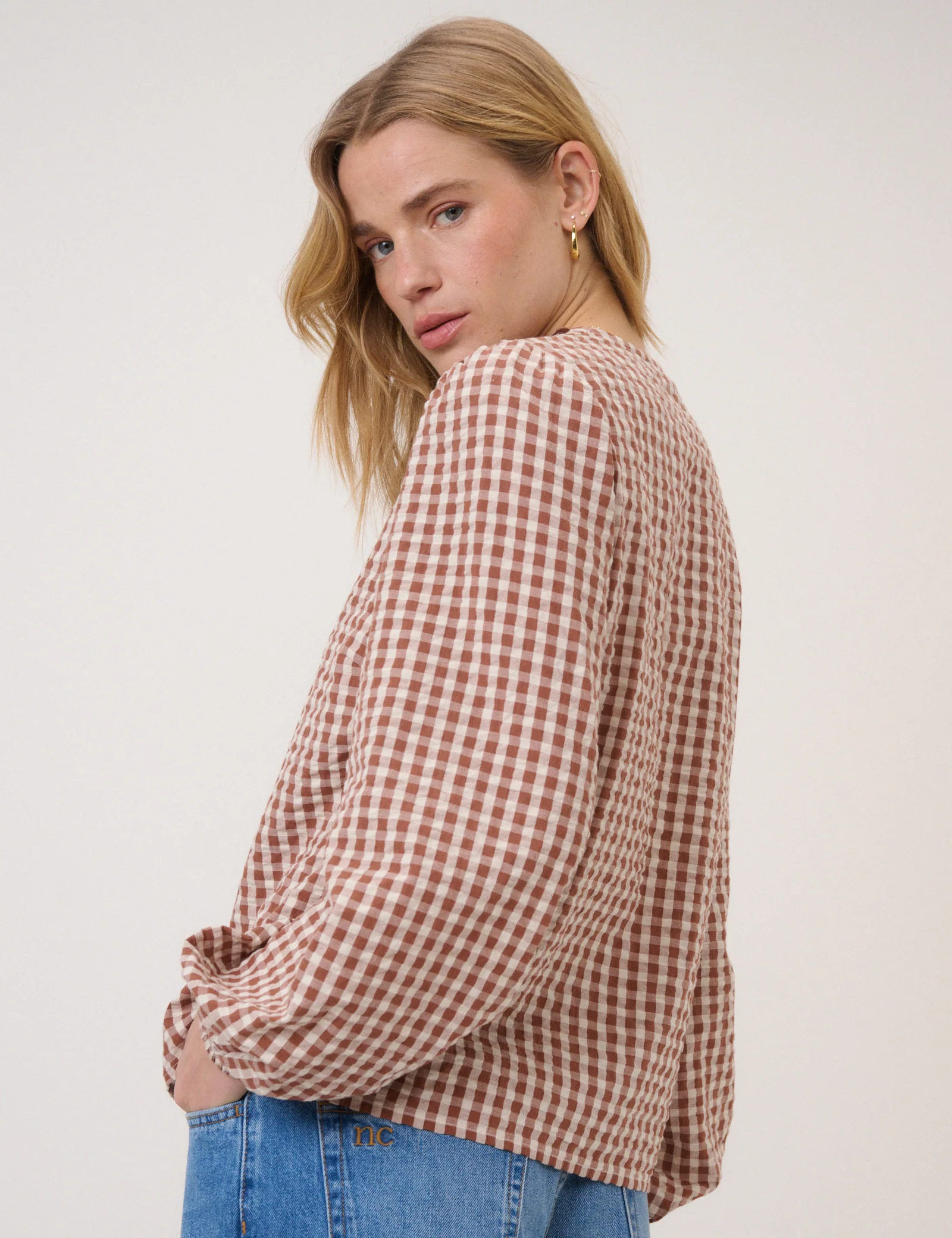 Brown Gingham Embroidered Floral Collar Blouse - Image 5